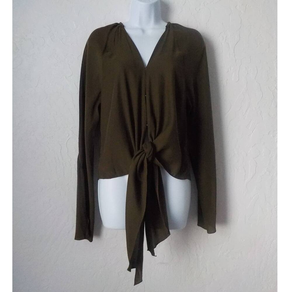 Jordan Louis Green Blouse Top Size Fits S/M Tie Front Hook Eye Long open Sleeves